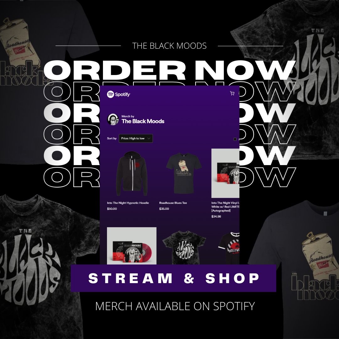 Next time you stream The Black Moods on Spotify, you can also grab copies of our physical albums via our shop right in the app 🎧 Holy shirts and hats! ----> spoti.fi/3SPevHc
