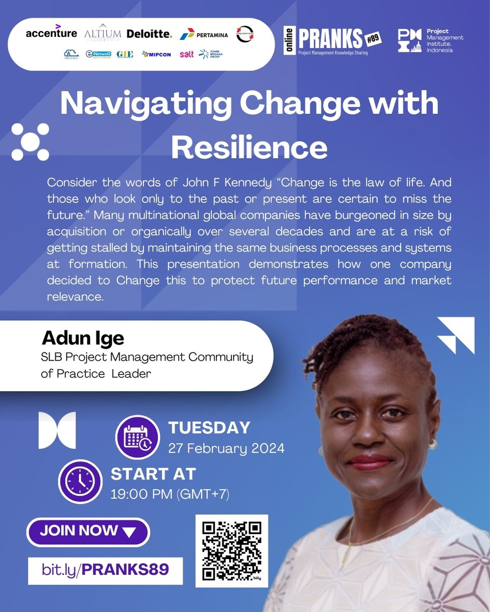 🌟 Join #PMIIC's PRANKS 89! 
Explore 'Navigating Change with Resilience' with Adun Ige, a seasoned leader in Energy &amp; IT. 

Free for all! 

Register: pmi-indonesia.org/calendar?event… 

 #PRANKS #PMIIndonesiaChapter #FunandExcellent