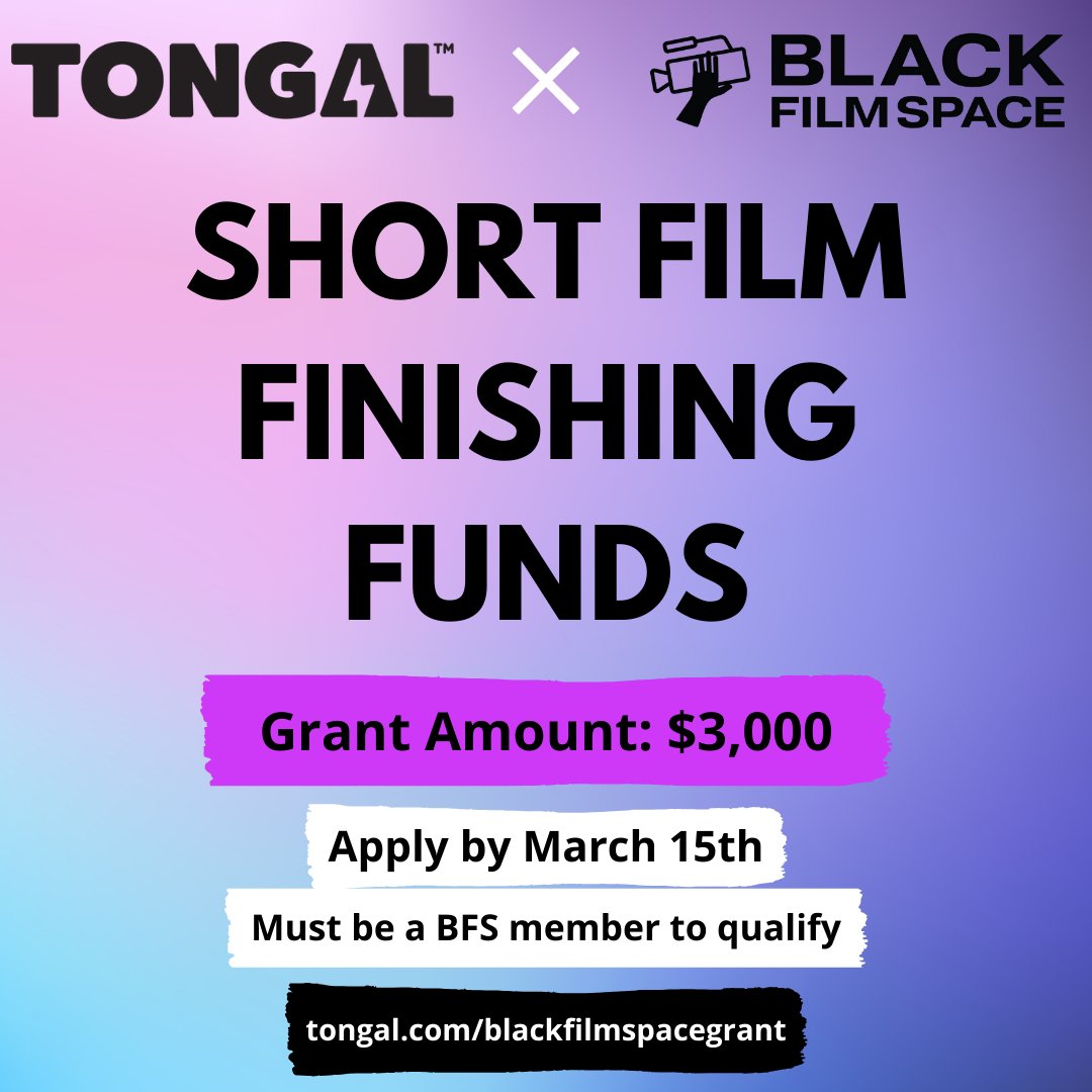 In partnership with @tongal, we're offering $3,000 for a BFS member to finish their short film.  So whether you are looking to hire a colorist, score your project, or create poster art to advertise it – this opportunity is for you! Apply at tongal.com/blackfilmspace…