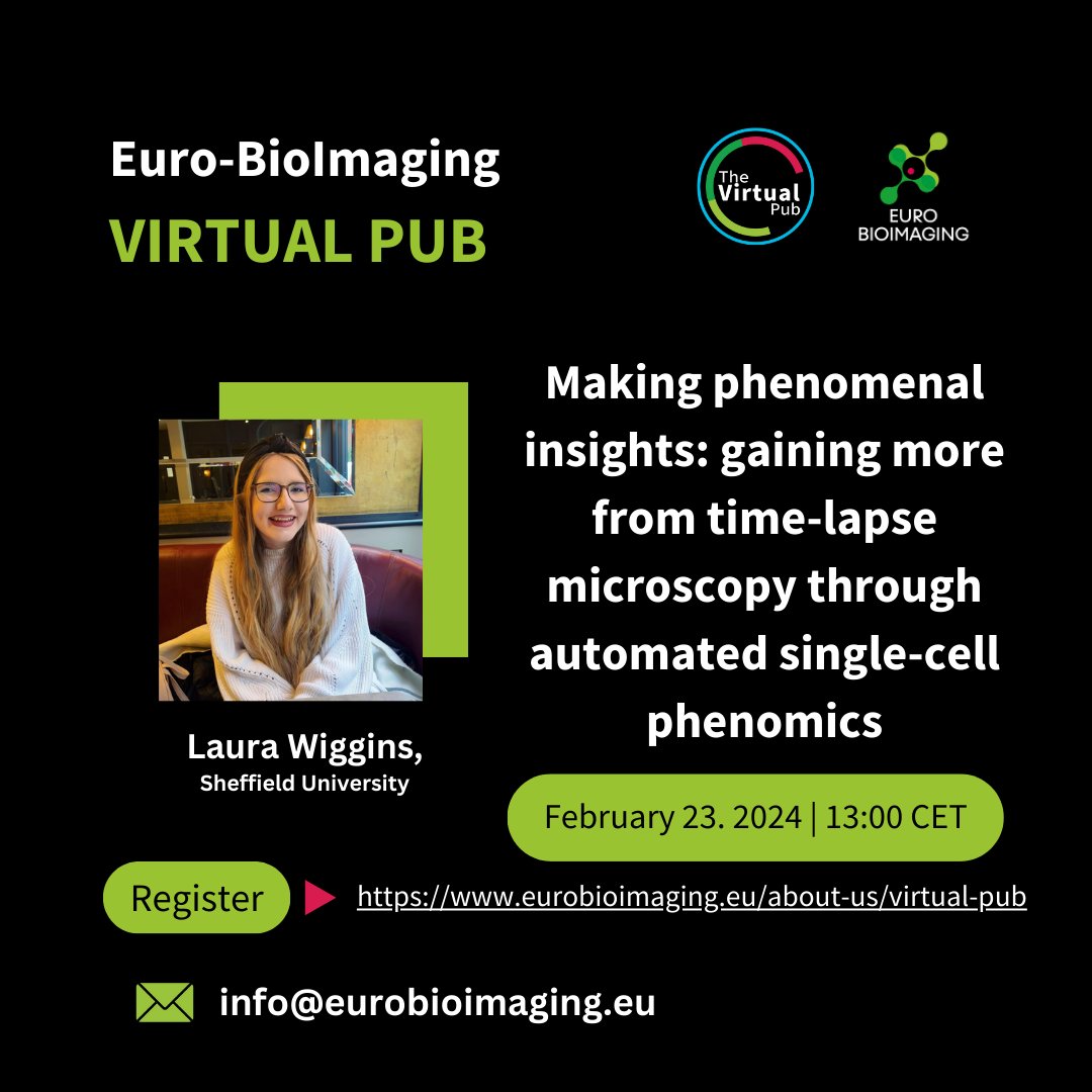Euro-BioImaging ERIC (@eurobioimaging) on Twitter photo At this week's #VirtualPub, Laura Wiggins <a href="/laura_wiggins13/">Laura Wiggins</a> will give an exciting talk on"Making phenomenal insights: Gaining more from time-lapse microscopy through automated single-cell phenomics."
All are welcome!
🗓️Friday, Feb 23, 1 pm CET
Register⤵️
eurobioimaging.eu/about-us/virtu… At this week's #VirtualPub, Laura Wiggins <a href="/laura_wiggins13/">Laura Wiggins</a> will give an exciting talk on"Making phenomenal insights: Gaining more from time-lapse microscopy through automated single-cell phenomics."
All are welcome!
🗓️Friday, Feb 23, 1 pm CET
Register⤵️
eurobioimaging.eu/about-us/virtu…