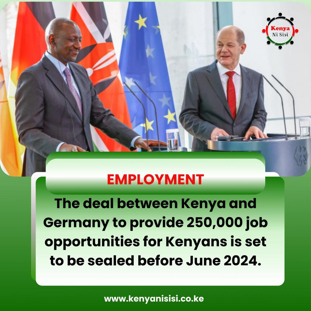 kaume_edwin's tweet photo. @BrianMPeter Kenya and Germany finalize a deal to create 250,000 job opportunities, providing a significant boost to our economy. 

President Ruto's commitment to securing opportunities for Kenyan professionals is commendable.
#RutoEmpowers #KenyaKwanzaDelivers https://t.co/PtGdj60GbC