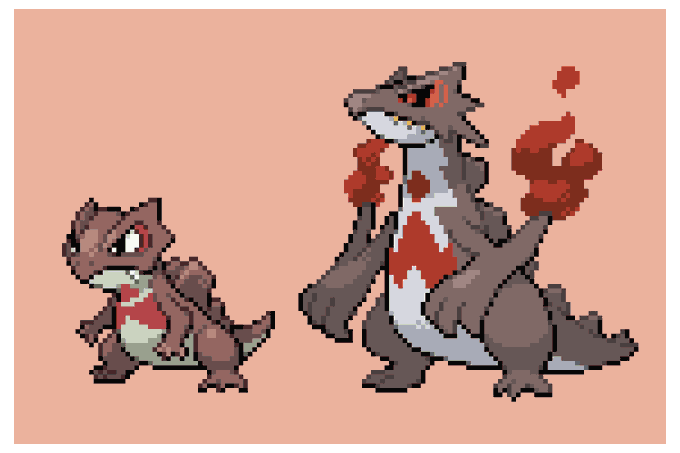 20240220名前:グドレイクタイプ:ほのお・じめん名前:ヴォルカドンタイプ:ほのお・ドラゴン#pixelart #fakemon #オリポケ 