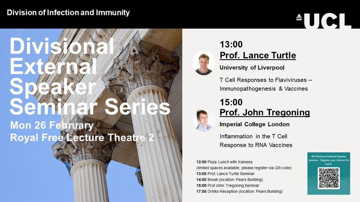 Join us for UCL Infection and Immunity external seminar series with Prof @LanceTurtle @LivUni_IVES and Prof @DrTregoning @ImperialInfect 📅 26 February 2024, 1:00 pm–5:00 pm buff.ly/49kW04K @iit_ucl