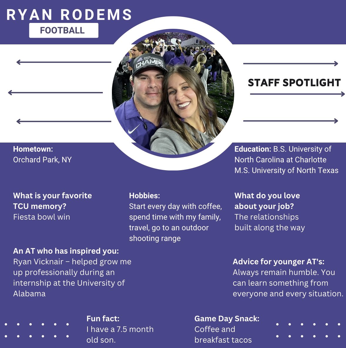 Here with another staff spotlight-Assistant Football Athletic Trainer ✨Ryan Rodems MS, LAT, ATC, CES✨