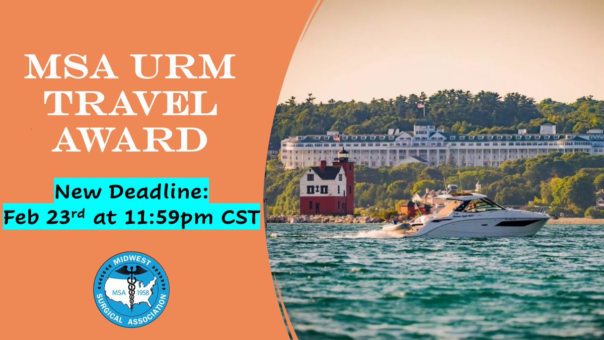 MidwestSurgicalAssoc (@midwestsurgical) on Twitter photo 📢 Deadline Approaching!
#MSA24 Call for Abstracts & Travel Grant deadlines: 2/23, 11:59pm CST! URM MS3/4, Residents, & Fellows, apply for a travel grant & don't miss the chance to showcase your work at #MSA23!
<a href="/ScottRSteeleMD/">Scott R. Steele</a> <a href="/timpawlik/">Timothy M. Pawlik</a>
tinyurl.com/4pmrybtk 📢 Deadline Approaching!
#MSA24 Call for Abstracts & Travel Grant deadlines: 2/23, 11:59pm CST! URM MS3/4, Residents, & Fellows, apply for a travel grant & don't miss the chance to showcase your work at #MSA23!
<a href="/ScottRSteeleMD/">Scott R. Steele</a> <a href="/timpawlik/">Timothy M. Pawlik</a>
tinyurl.com/4pmrybtk