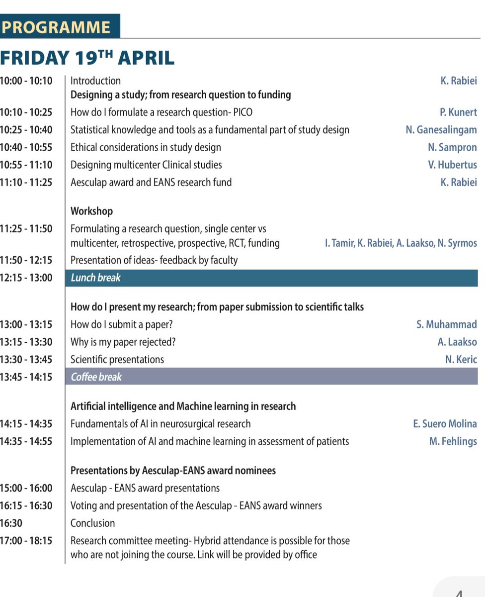 This year's renewed research course <a href="/EANSonline50/">European Association of Neurosurgical Societies</a> gives a full overview of tools you need for single or multi center studies, from 💡 to publication.

Highlights include fundamentals of AI &amp; machine learning in #Neurosurgery!

Honoured to have distinguished faculty <a href="/DrFehlings/">Michael G. Fehlings</a>!