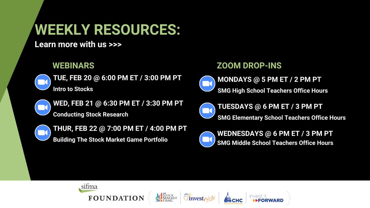 Deep dive into stocks and stock research in our free webinars this week for #StockMarketGame educators, club advisors, and parents. #financialeducation Click the event on our Google Cal to register: bit.ly/3kJe14K