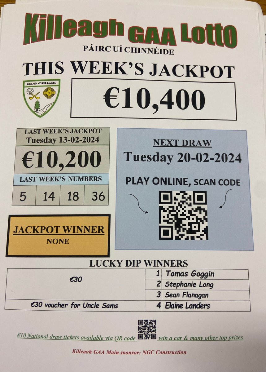 Tonight's Killeagh GAA Lotto JACKPOT is a massive **€10,400**! You could be a winner tonight so play now online bit.ly/31YlhC0 up to 8:15pm OR play in local businesses up to 8pm. We thank you for your support on a weekly basis! Cilliath Abú 💚🤍