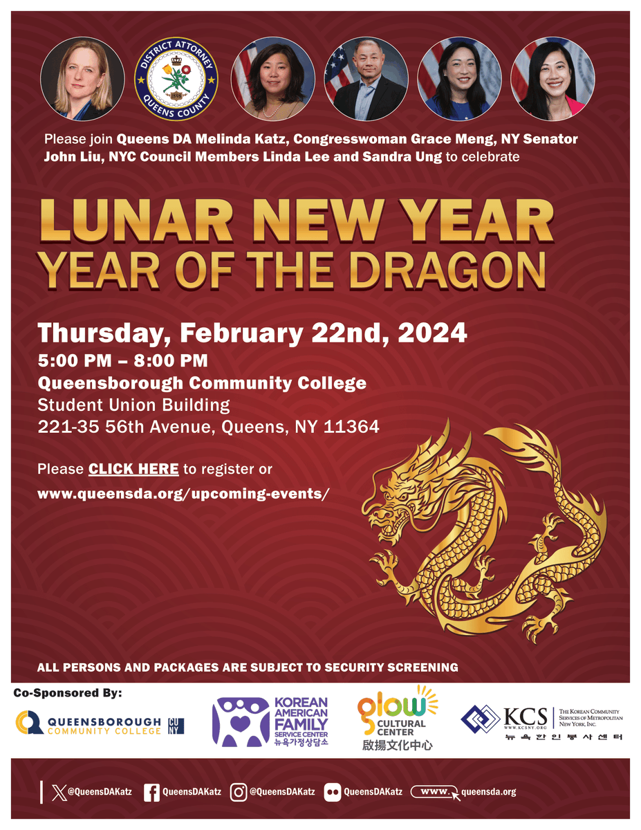 Join us in celebrating the Lunar New Year! 🐉✨ KAFSC is thrilled to co-sponsor an event to celebrate the Year of the Dragon with Queens District Attorney Melinda Katz (@QueensDAKatz ) and fellow community organizations! 🔗 RSVP using the link below: docs.google.com/forms/d/e/1FAI…
