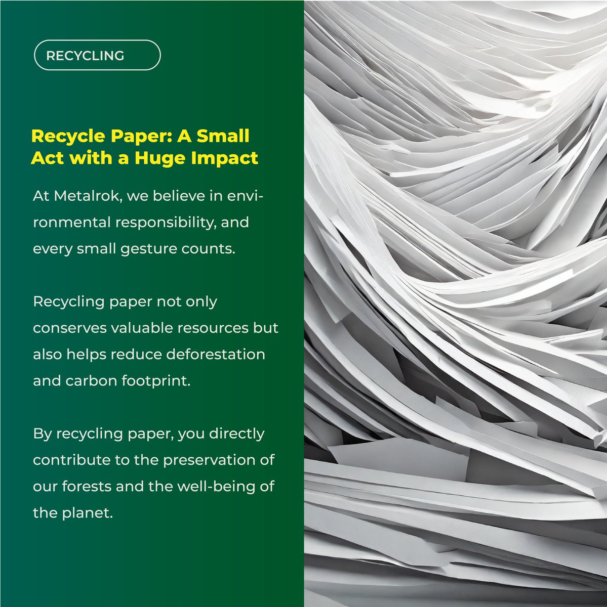 Join us in this sustainable commitment. Recycle paper and be part of the positive change our world needs! #Recycling #Sustainability ⁠#metalrokCommitted