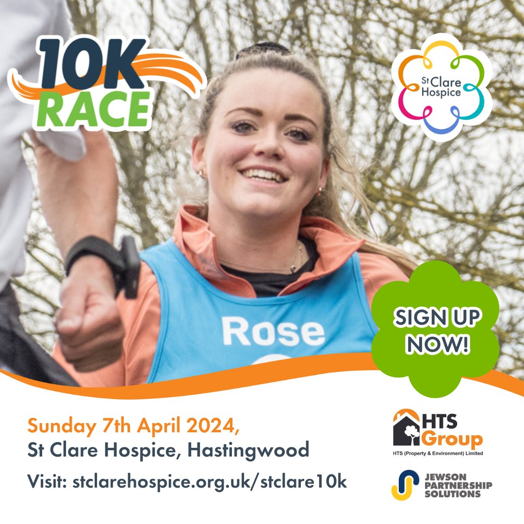 You can run, walk, skip and wheelchair race the #StClare10K - we just want you to enjoy yourself! So why not sign up? 👀 Sunday 7th April | St Clare Hospice Sign up now: bit.ly/3S1HE2R Kindly sponsored by HTS Group and Jewson Partnership Solutions.