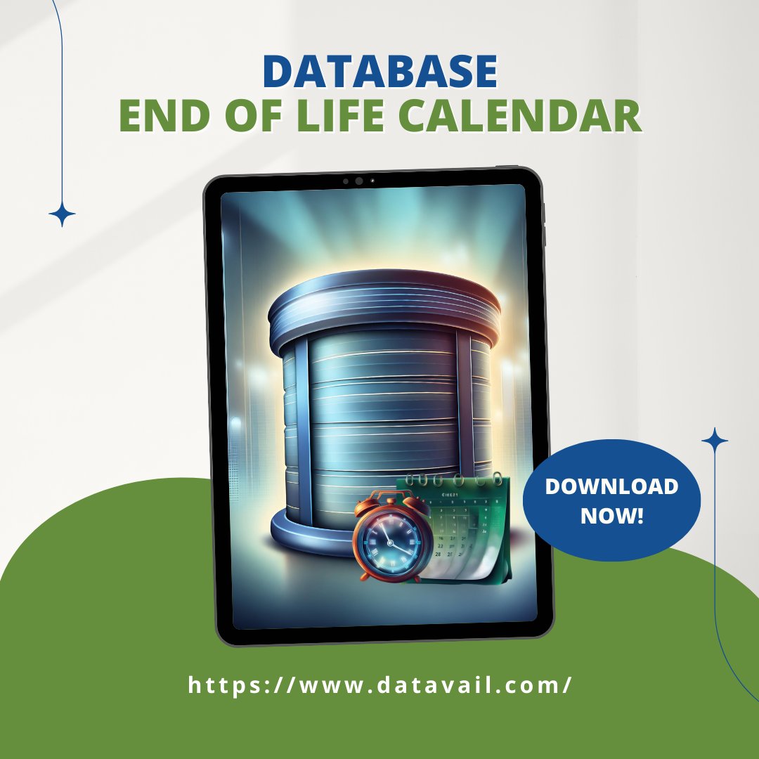 datavail's tweet image. Don&apos;t let your databases reach end of life without a plan! Check out this interactive calendar for database EOL dates and get ahead on your upgrade planning. bit.ly/42Th53S

#database #dataasemanagement #databaseupdate #databaseservices
