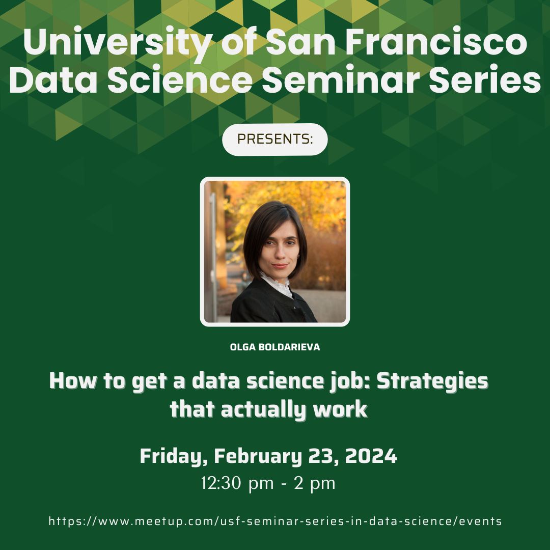 Join us for the USF Data Science Speaker Series featuring Dr. Olga Boldarieva on Friday, the 23rd at 12:30 pm. Gain invaluable insights on positioning yourself in the data science industry and overcoming challenges in job searches and interviews. RSVP: meetup.com/usf-data-scien…