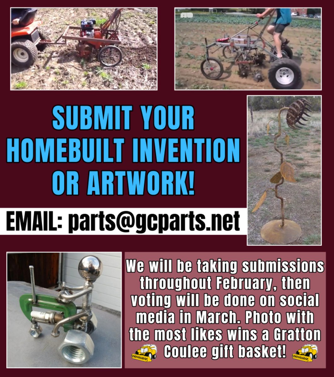 GrattonCoulee's tweet image. Send us a picture of your homebuilt invention or artwork for a chance to win a Gratton Coulee gift basket. Let's have some fun seeing what interesting items farmers can create. #gcparts #grattoncoulee #homebuilt #inventions #artwork #promo #ag #farmerinnovation #farmlife