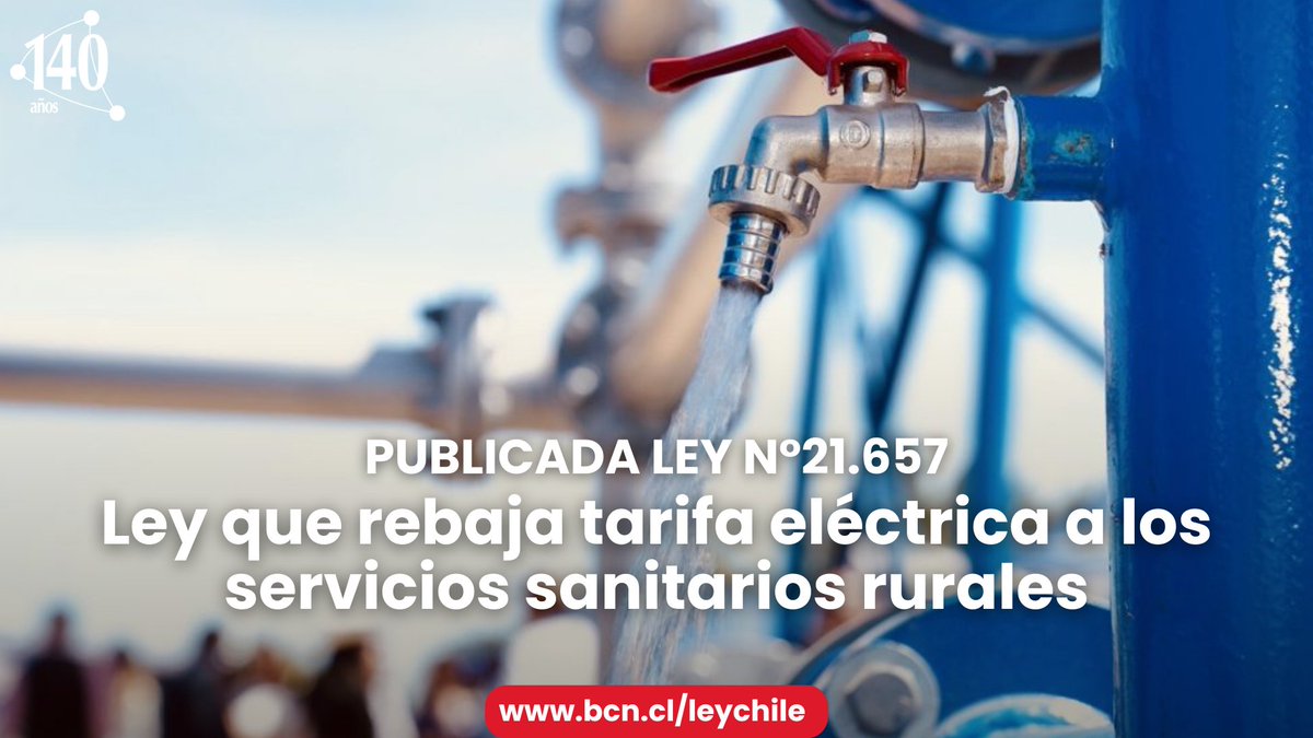 Publicada Ley 21.657. Modifica la Ley General de Servicios Eléctricos, en materia de cobro de tarifa eléctrica para servicios sanitarios rurales.
Disponible en bcn.cl/3i0ba
Historia de la Ley s.bcn.cl/3i0a7