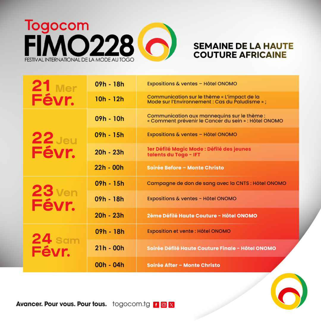 YasTogo's tweet photo. Préparez vos belles tenues et les assortiments. La semaine s'annonce bien chargée d'émotions ! 😎
Du 21 au 24 février, pas une journée de répit, vivez le TOGOCOM FIMO228 de façon intense avec nous.
Let's go ! 💃👠
#TogocomFIMO228 #Togocom #FIMO228 https://t.co/HfIiHu99jq