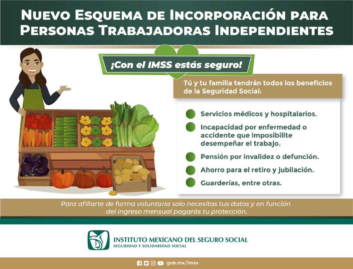 #TrabajadorIndependiente, tú y tu familia pueden acceder a beneficios del #IMSS: 🩺 Atención médica. 💊 Medicamentos. 🧒 Guarderías. 🧓 Pensiones y más. Regístrate en solo 5 minutos en: buff.ly/3Rb9g5I ¡Cuida de tu bienestar!
