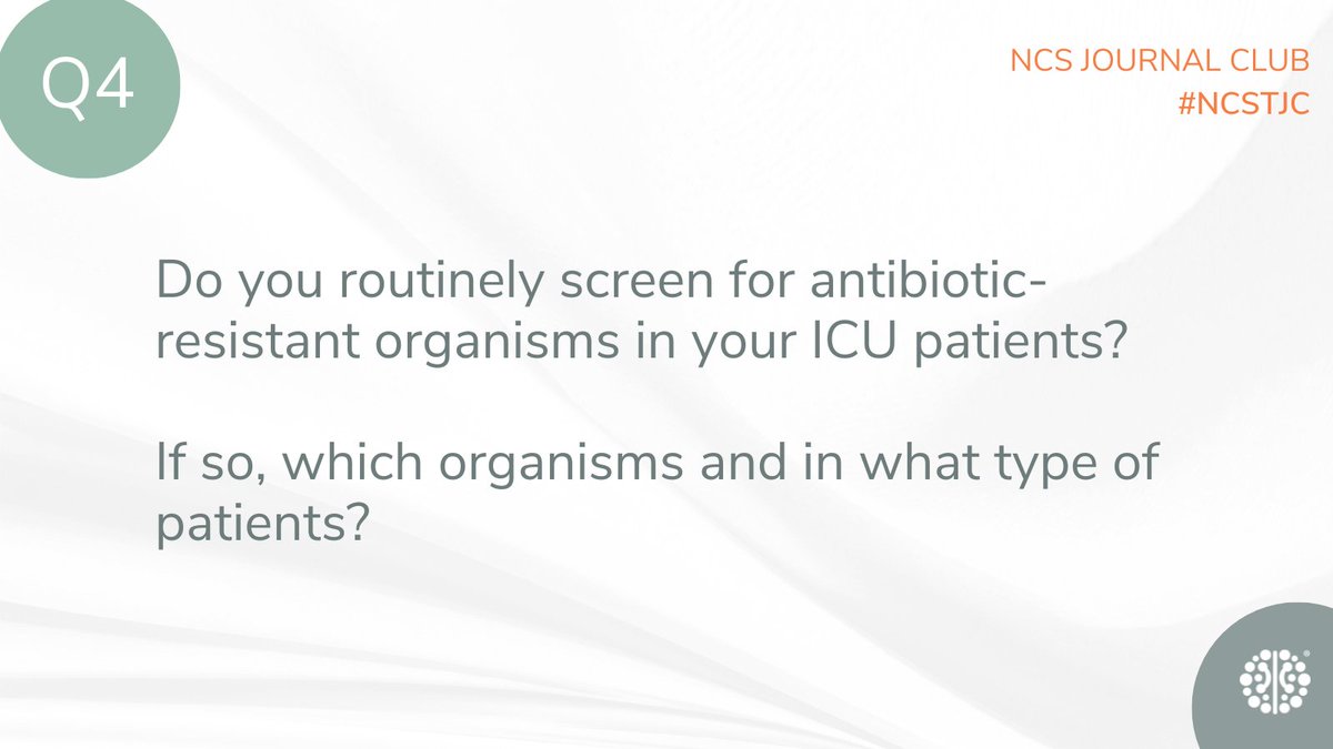Neurocritical Care Society (@neurocritical) on Twitter photo #NCSTJC Q4: Do you routinely screen for antibiotic-resistant organisms in your ICU patients? If so, which organisms and in what type of patients? ow.ly/YZf150QFoZU <a href="/EM_NCC/">Wendy Chang</a> #NCSTJC Q4: Do you routinely screen for antibiotic-resistant organisms in your ICU patients? If so, which organisms and in what type of patients? ow.ly/YZf150QFoZU <a href="/EM_NCC/">Wendy Chang</a>
