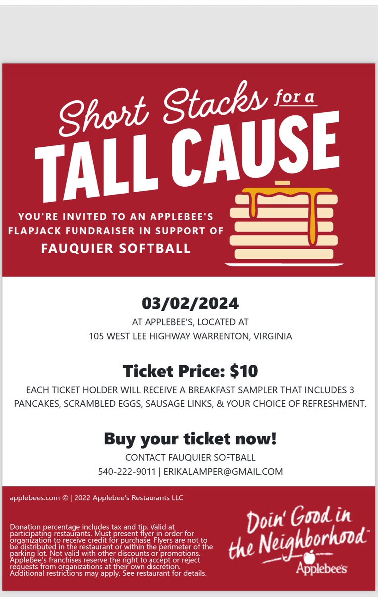 Come support the Falcon Softball Team and let us serve you breakfast! Saturday, March 2 from 8:00a to 10:00a at the Applebee’s in Warrenton. $10/ticket, see a softball player for a ticket.