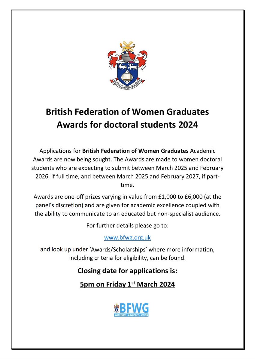 BFWG Academic Awards 2024 
Closing Date Friday 1st March 2024 at 5pm
For more information please visit our website: bfwg.org.uk/bfwg2/how-to-a…