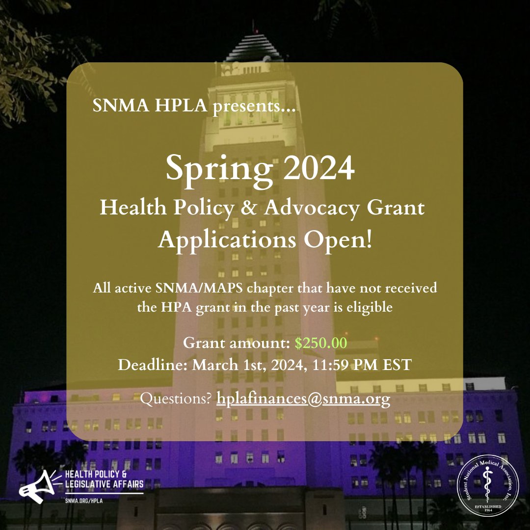 SNMA's tweet photo. The #SNMA #HPLA Finances & Grants Subcommittee is accepting applications to the Spring 2024 HPA Grant! The total endorsed amount is $250, and the deadline is March 1st.
If you're interested in applying or have questions, contact hplafinances@snma.org.
#MAPS #DiversifyMedicine https://t.co/bf6PJzOhXl