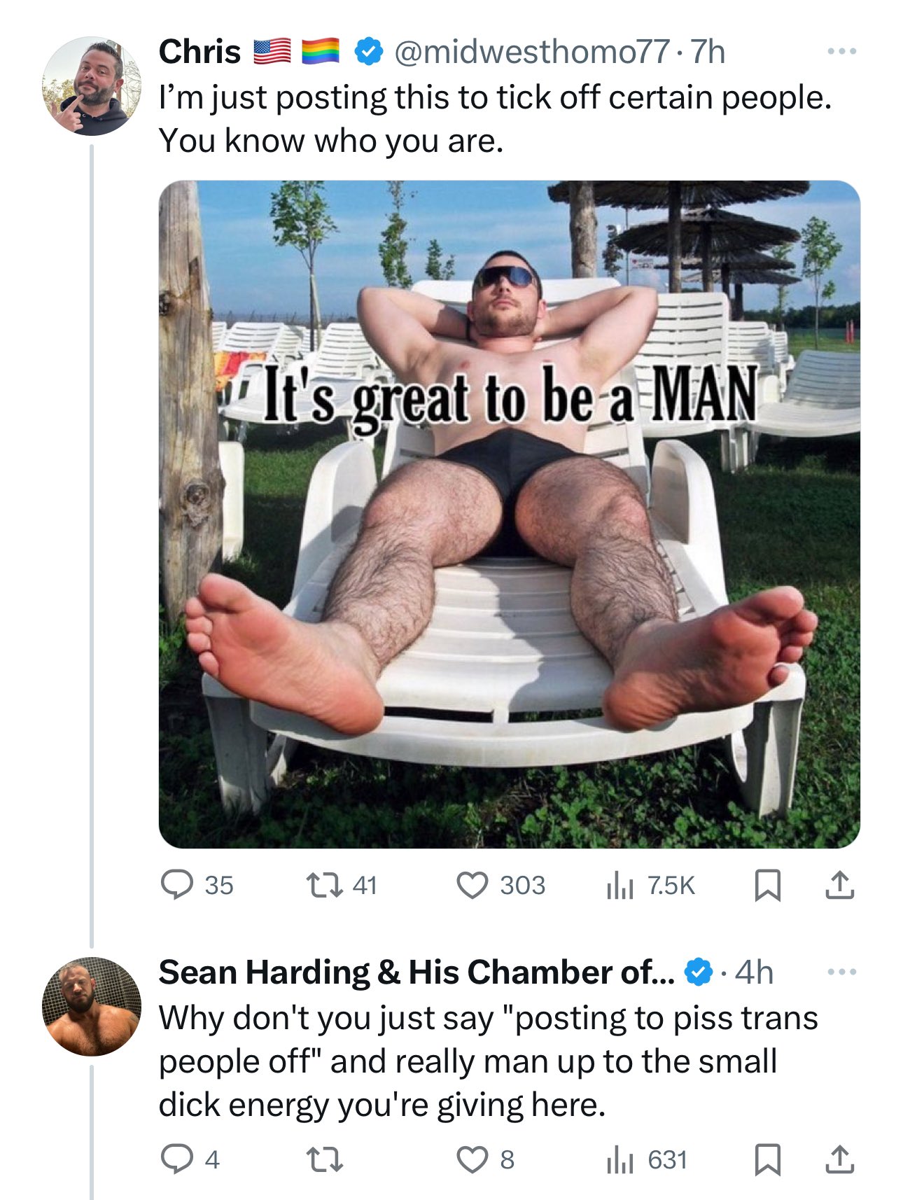 Chris 🇺🇸🏳️‍🌈 on X: Awww. I made a porn addicted weirdo mad. Im so  ashamed 🙄 Funny how calling yourself a man is apparently offensive to  “trans” people and their admirers. t.cokiet2Hxb5p 