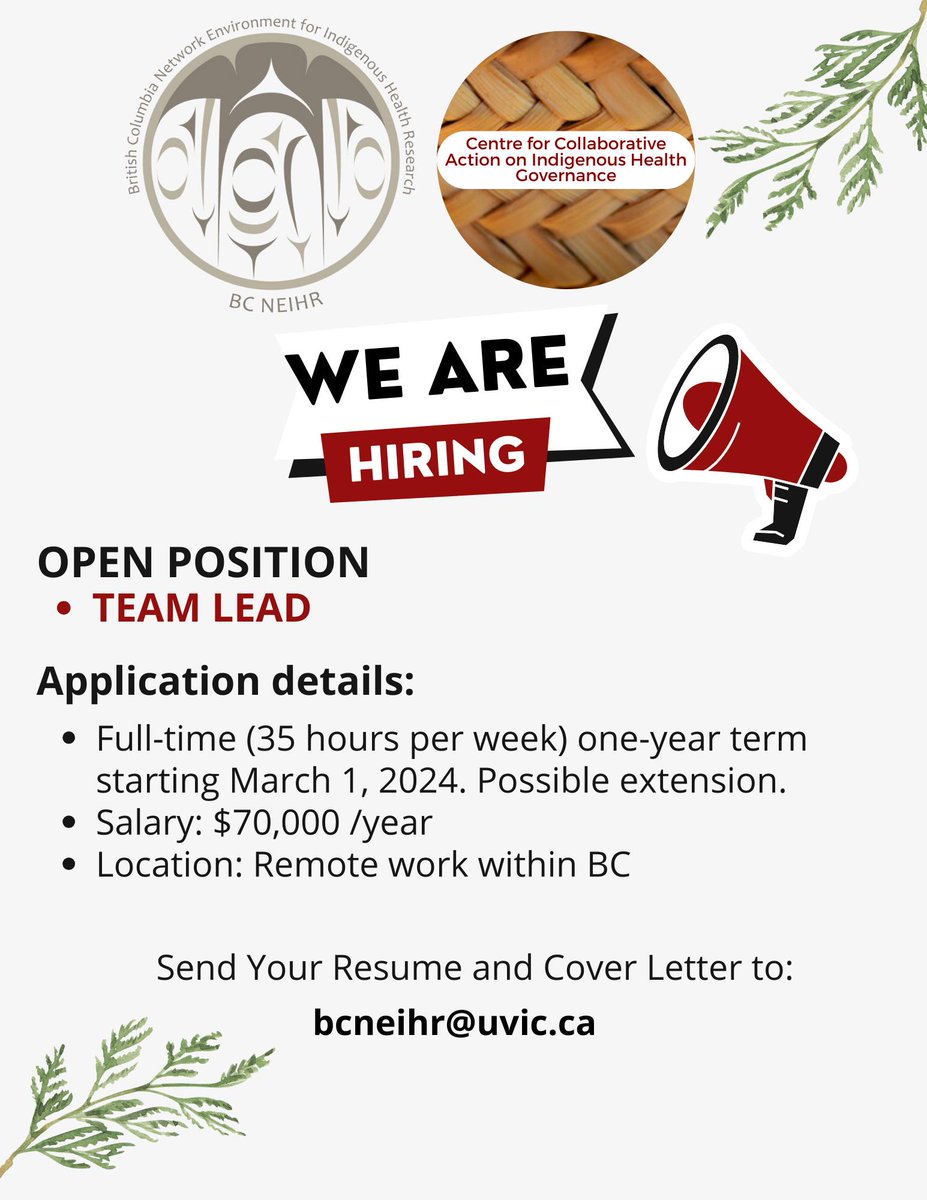 BC NEIHR (@bcneihr) on Twitter photo 📢BC NEIHR - <a href="/CCAIHG/">Centre for Indigenous Health Governance</a> Job opportunity!
For the full job description and how to apply: bit.ly/3OE50JG
📅Open until filled 📢BC NEIHR - <a href="/CCAIHG/">Centre for Indigenous Health Governance</a> Job opportunity!
For the full job description and how to apply: bit.ly/3OE50JG
📅Open until filled