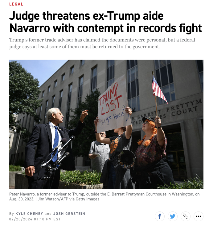 kyledcheney's tweet photo. NEWS: A judge threatened to hold Peter NAVARRO in contempt Tuesday for what she ruled were violations of her order that he return dozens of presidential records to the National Archives.

w/ @joshgerstein 

https://t.co/6fMgZ3XvCd https://t.co/2J7YxtGv9K