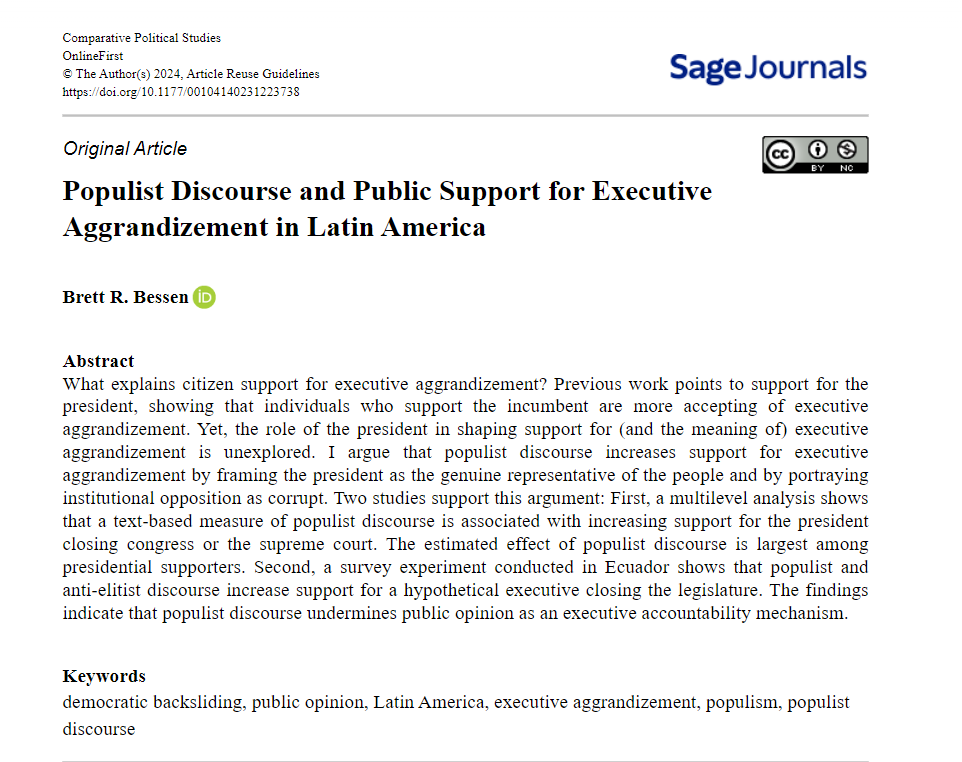 🚨 How do backsliding leaders maintain public support? 🚨 My new piece at @cps_journal shows that presidents' populist discourse increases citizen support for the expansion of presidential power in Latin America. tinyurl.com/cpsbessen