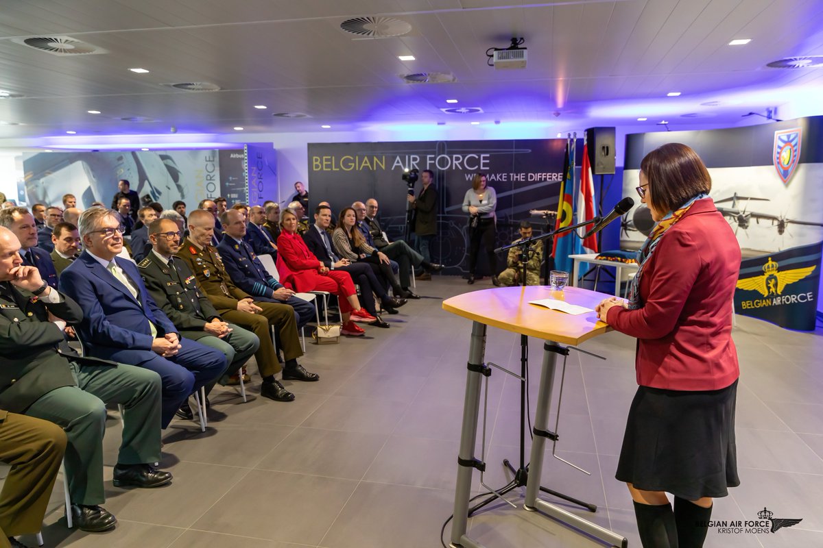 BeAirForce's tweet photo. Today at Melsbroek Air Base, Major-General Dupont, Belgian Air Chief, welcomed the 8th #A400M aircraft of the fleet, CT-08, together with Ministers Ludivine Dedonder and Yuriko Backes. The #fleetcomplete of the BNU A400M unit will strengthen the 🇧🇪🇱🇺 transport capabilities. https://t.co/BrTnAttnGu