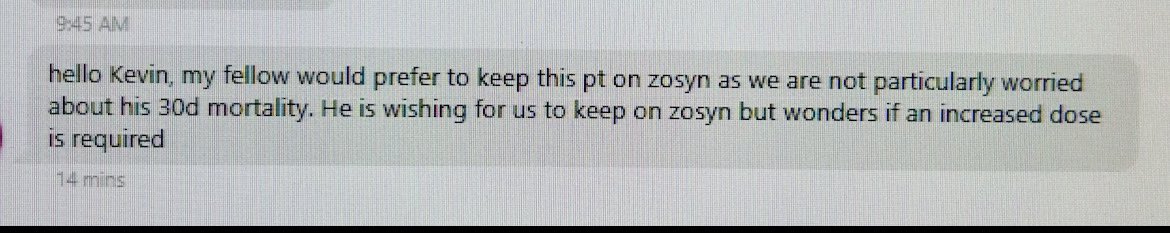 ESBL E. coli intrabdominal infection 
.
Me: hey can you switch the zosyn to a carbapenem
.
Surg: nah we do not care about death 
#Twitterx #IDTwitter #IDXposts #bruh 😫😫😫