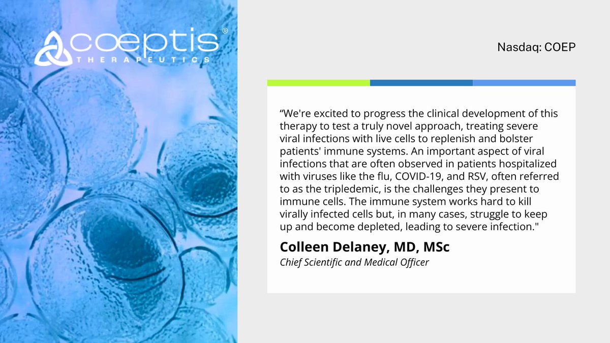 coeptistx's tweet image. “We&apos;re excited to progress the #clinicaldevelopment of this therapy to test a truly novel approach, treating severe #viralinfections with live cells to replenish and bolster patients&apos; immune systems,&quot; commented Dr. Delaney CSO/CMO. Read: bit.ly/4962Quy $COEP #Science