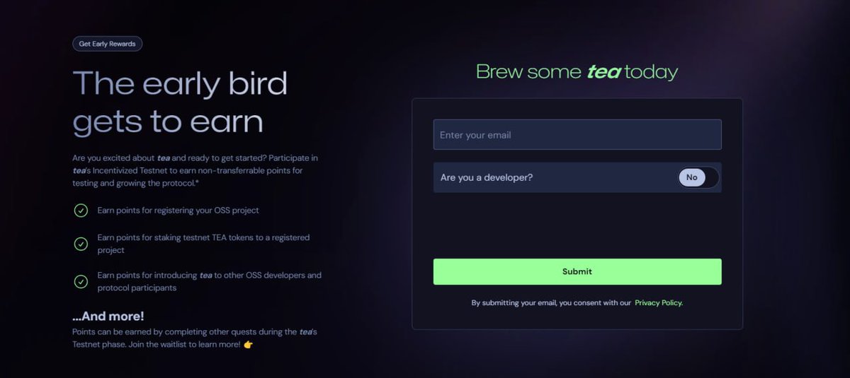 🪂 Tea protocol Incentivized Testnet Waitlist

They received $8M in funding from Binance Labs.

It's a decentralized tech framework improving open-source software supply chain sustainability and integrity.

➜ You can join here: tea.xyz/early-rewards

• Testnet will be live