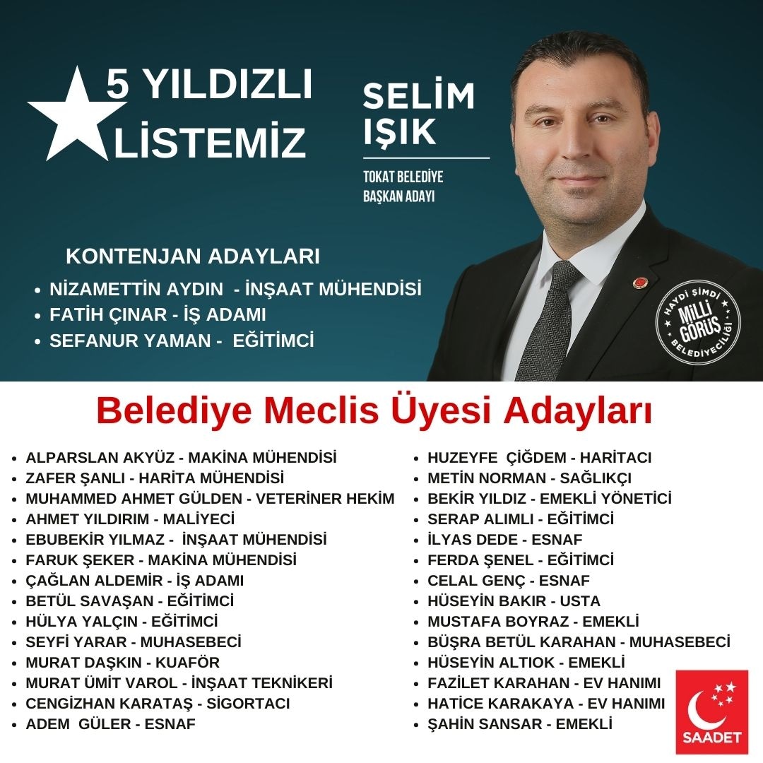 Tokat'ımızı yönetmeye namzet 5 yıldızlı listemiz memleketimize hayırlı uğurlu olsun.
#haydibismillah
#dahaiyibiryaşamseninhakkın
#milligörüşbelediyeciliği