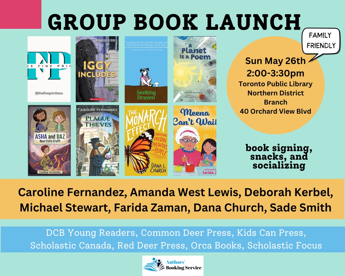 Save Sun May 26th for the ABS Group Book Launch! Celebrate and support <a href="/ParentClub/">Caroline Fernandez ☀️</a> @AmandaWestLewis <a href="/DeborahKerbel/">Deborah Kerbel</a> <a href="/MichaelFStewart/">Michael F. Stewart</a> <a href="/fzamanart/">farida zaman</a> @DanaLChurch @stc_smith.

Pubs: <a href="/cormorantbooks/">Cormorant Books</a> <a href="/commondeerpress/">Common Deer Press</a> <a href="/KidsCanPress/">kidscanpress</a> <a href="/scholasticCDA/">Scholastic Canada</a> <a href="/RedDeerPress/">Red Deer Press</a> <a href="/orcabook/">Orca Book Publishers</a> <a href="/scholastic/">Scholastic</a>
#kidlit