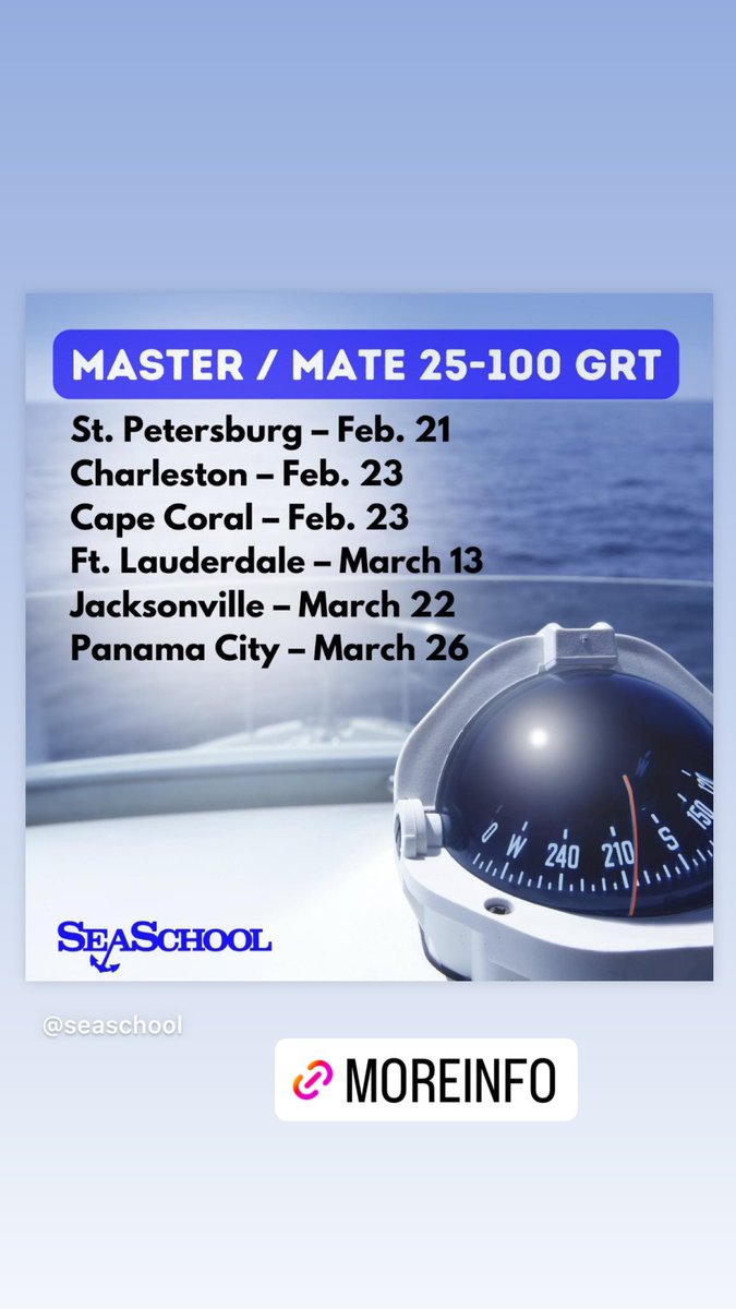 Ready for an upgrade? Join one of our upcoming Master/Mate 25-100 GRT courses.

If these dates or locations don’t work for you.. try distance learning or online classes! 

bit.ly/Master25_100GRT