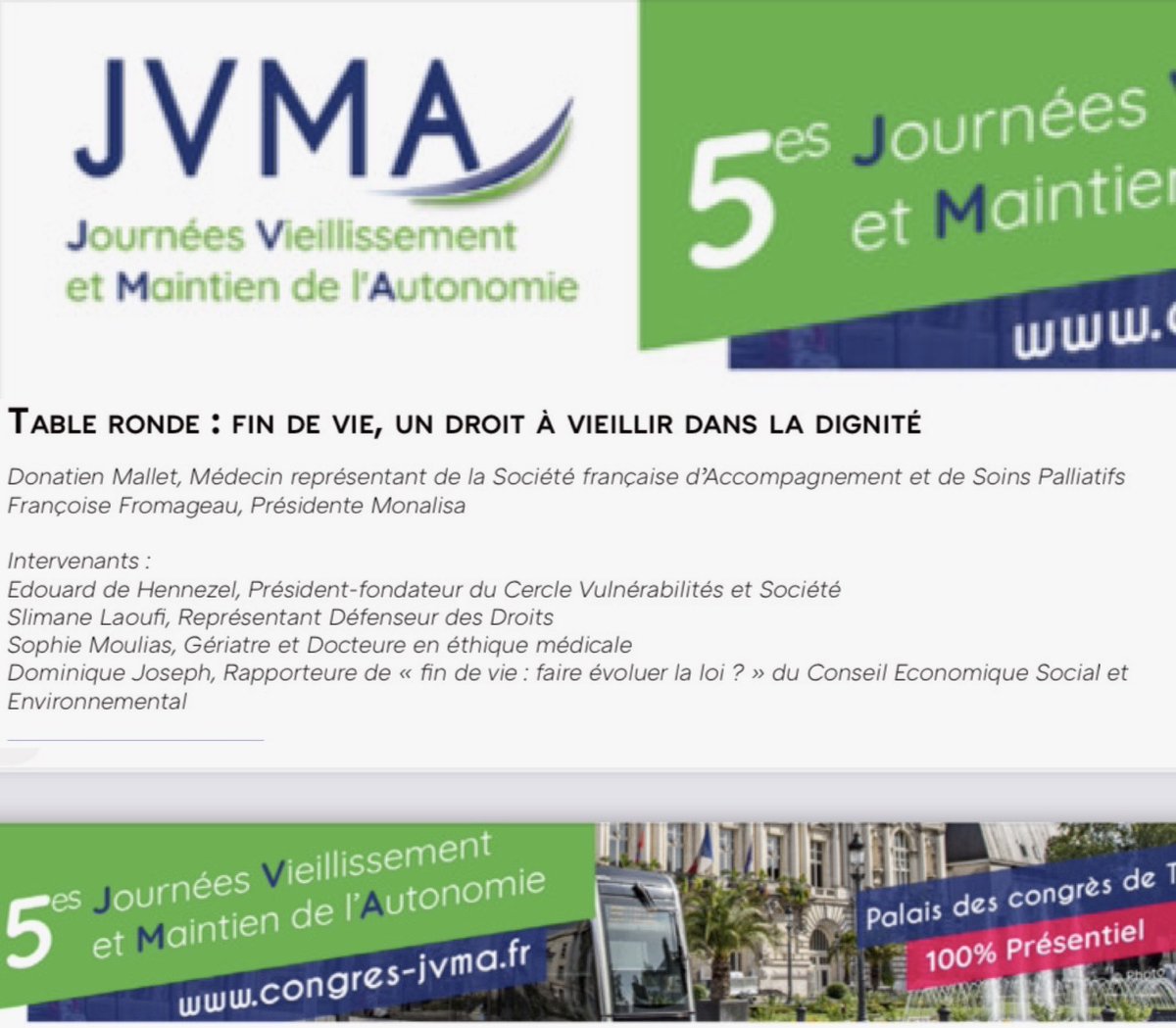 [#JVMA24 Lumière sur le programme✨]

🔸« Table ronde : #FinDeVie, un droit à vieillir dans la dignité » 

Un sujet phare de notre actualité! 

Nous avons déjà hâte d’y être 😁
🗓️10 et 11 avril à <a href="/villedetours/">Ville de Tours</a> 

Pour continuer à découvrir le programme ➡️congres-jvma.fr