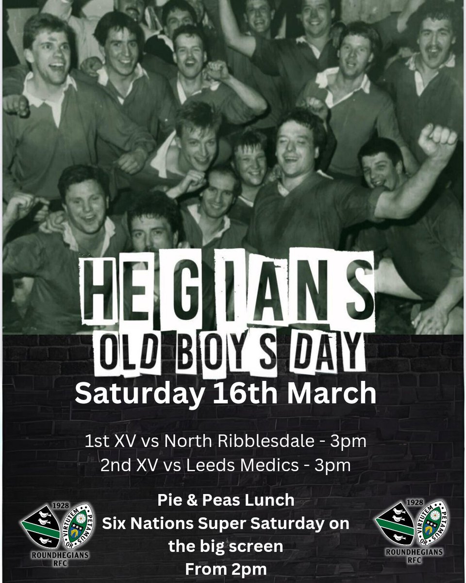 Are you an ex Hegians player??

Our old boys reunion is on 16th March from 2PM

Two live games of rugby on show as we host North Ribblesdale &amp; Leeds Medics at The Memorial Ground 

Six Nations Super Saturday games will be shown on the big screen

Pie &amp; peas lunch