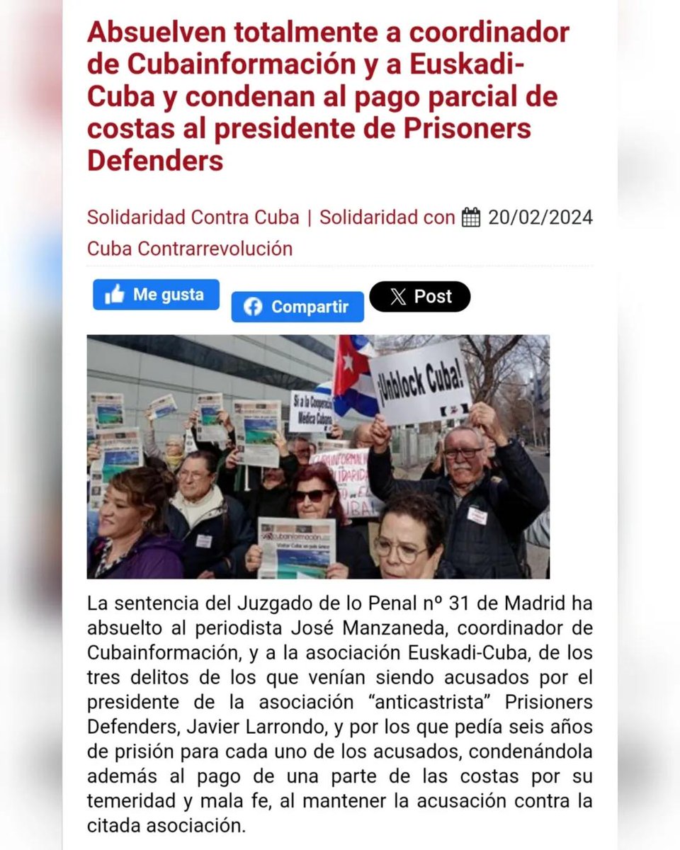Quedan absueltos de cargos José Manzaneda y la Asociación Euskadi-Cuba, y condenan al pago parcial de costas al presidente de la asociación Prisoners Defenders #YoTambiénSoyCubaInformación @cubainformacion @euskadicuba