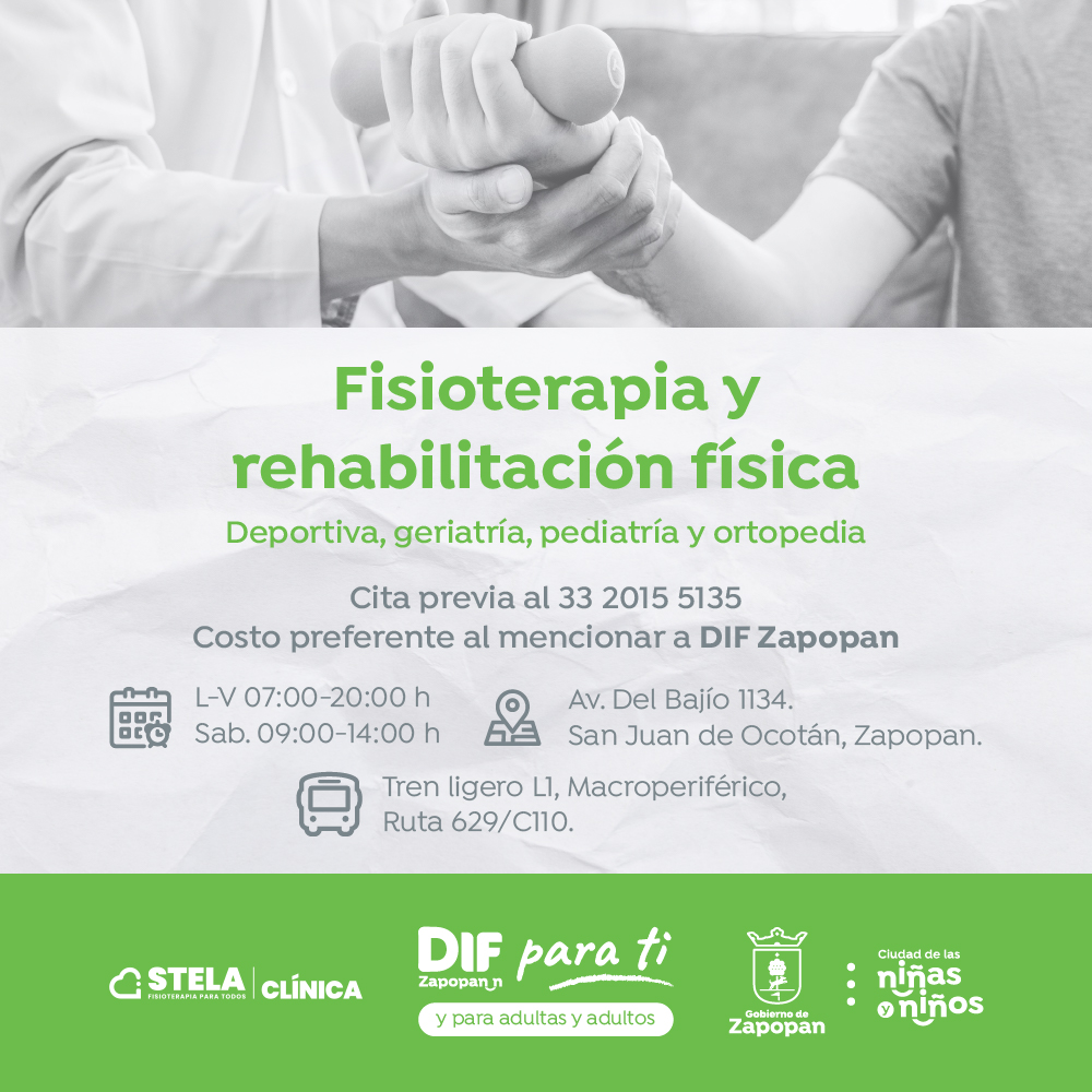 📢 A todos nuestros usuarios del #DIFZapopan: Si tienen problemas musculares o lesiones 💪 y necesitan fisioterapia, en la Clínica Stela pueden comenzar su rehabilitación a un costo preferencial gracias nuestro convenio de colaboración. Agenda tu cita al 33 2015 5135.