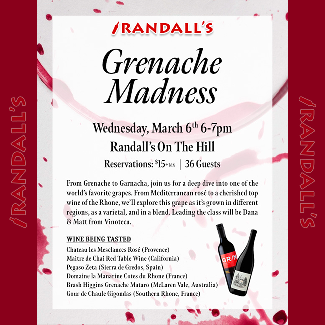 Join us March 6th for Grenache Madness, a wine tasting of six highly rated Grenache from all over the world. Leading the class will be Dana &amp; Matt from <a href="/Vinoteca_MO/">V I N O T E C A</a>. 🍷 bit.ly/42Olhlh