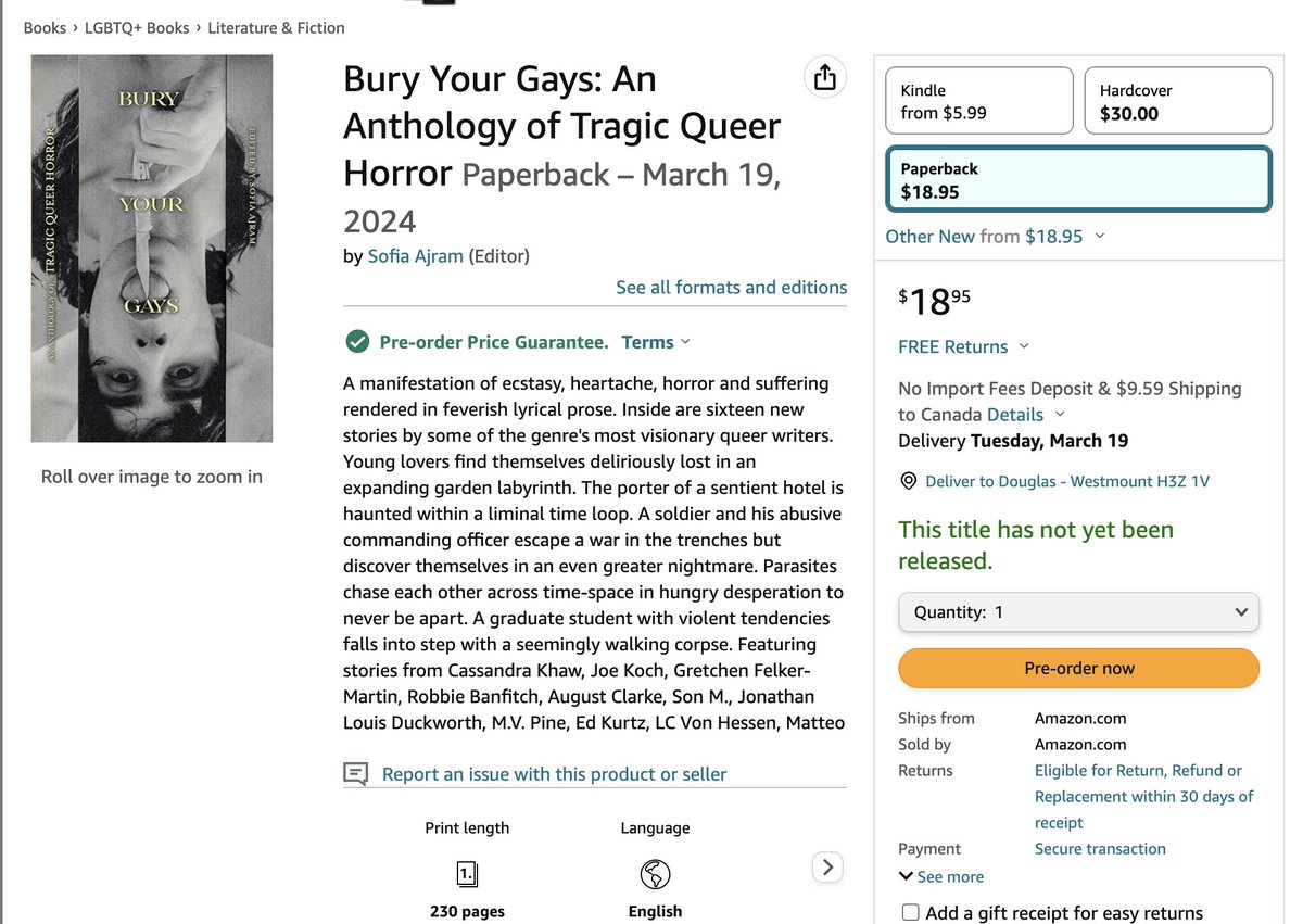 For my Canadian / international friends: BURY YOUR GAYS antho is now available for pre-order on the big A site. Ordering direct from Ghoulish is preferred BUT I wanted to share this news in case it's a more accessible shipping option!