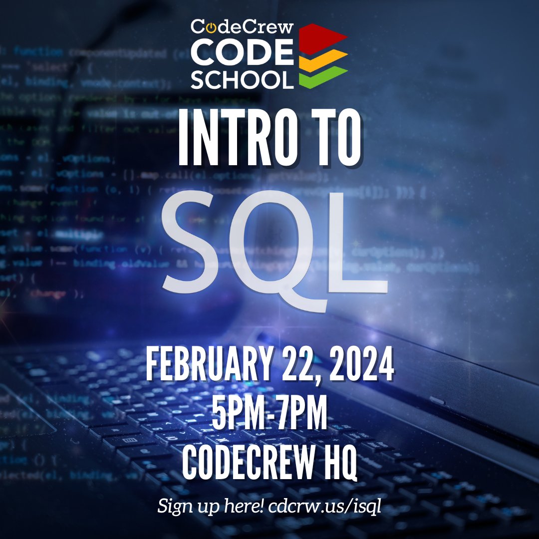 💻 Ready to unlock new skills? Level up and learn the power of SQL with us! Dive into table schemas and queries to shape your career path. Get ready to master data analysis. Register now! cdcrw.us/isql #SQL #IntroSQL #CodeSchool #tech #softwaredevelopers #techcareers