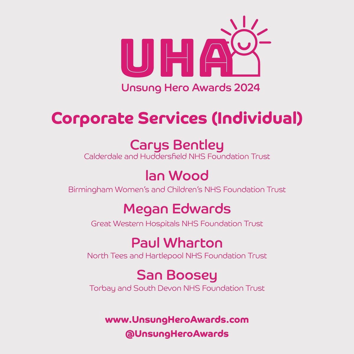 I’m proud to be a judge for the Unsung Hero Awards corporate services category.

Congrats to the shortlisted teams + individuals: Megan Edwards, Paul Wharton, San Boosey, <a href="/WWLNHS/">WWL NHS</a> <a href="/NELFT/">North East London NHS Foundation Trust (NELFT)</a> <a href="/NWAmbulance/">North West Ambulance Service</a> <a href="/NGHnhstrust/">Northampton General Hospital 💙</a> <a href="/NTeesHpoolNHSFT/">North Tees and Hartlepool NHS Foundation Trust</a> <a href="/BentleyCarys/">Carys Bentley</a> + <a href="/IanBWC_YPAG/">Ian Wood</a>.

Fingers crossed! 🤞