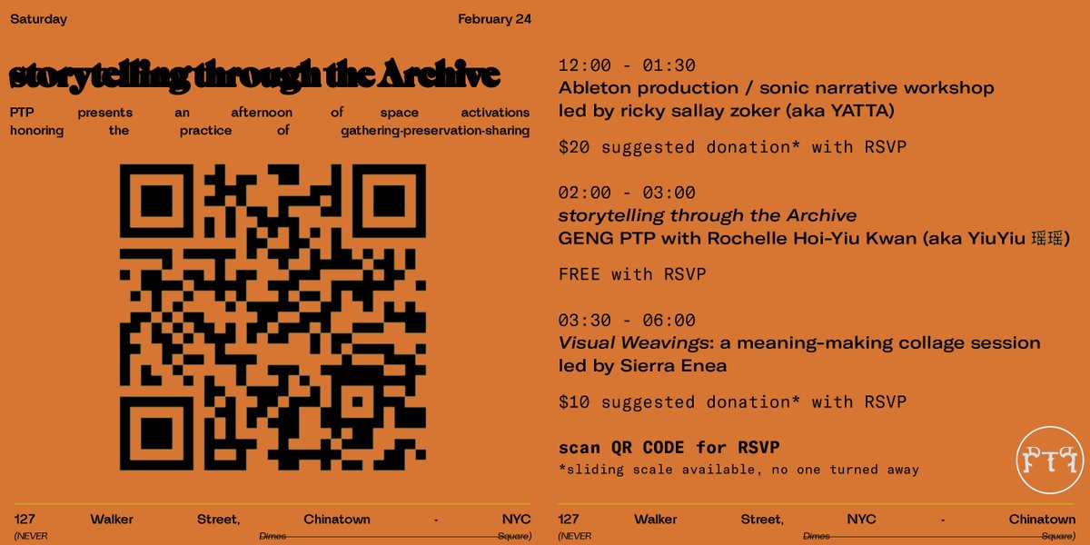 this saturday 'storytelling through the Archive' feat: ricky sallay zoker (aka @yattazoker) Ableton production workshop Rochelle Kwan and I, in convo about her Chinatown Records practice Sierra Enea (@EneaSierra47257) meaning-making collage workshop RSVP tinyurl.com/ptpfeb24