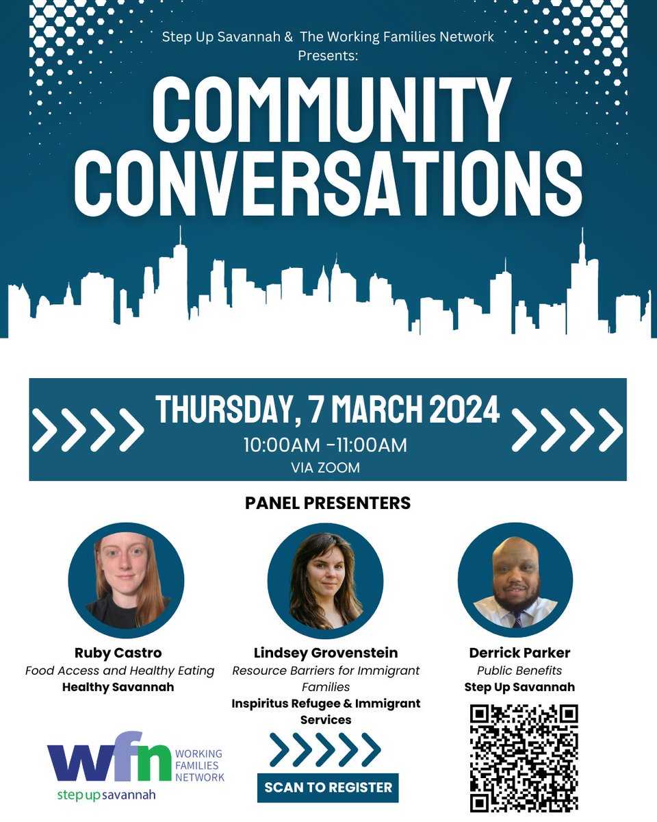 Join the Working Families Network (WFN) on March 7th at 10AM via Zoom for a Community Conversation. 

Pre-registration is required. Scan the QR code for the registration link. 

#StepUpTogether #FoodAccess #HealthyEating #ImmigrantFamilies #PublicBenefits #CommunitySupport