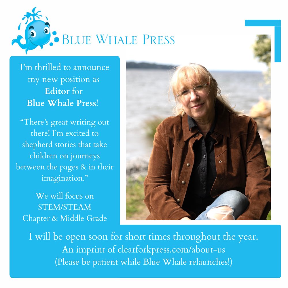 Exciting News to share! I am thrilled to announce my new gig as Editor for Blue Whale Press. Please be patient as we relaunch. I’ll be opening soon for submissions so get ready! Here what we’re looking for… (thread) #MSWL #mg #kidlit