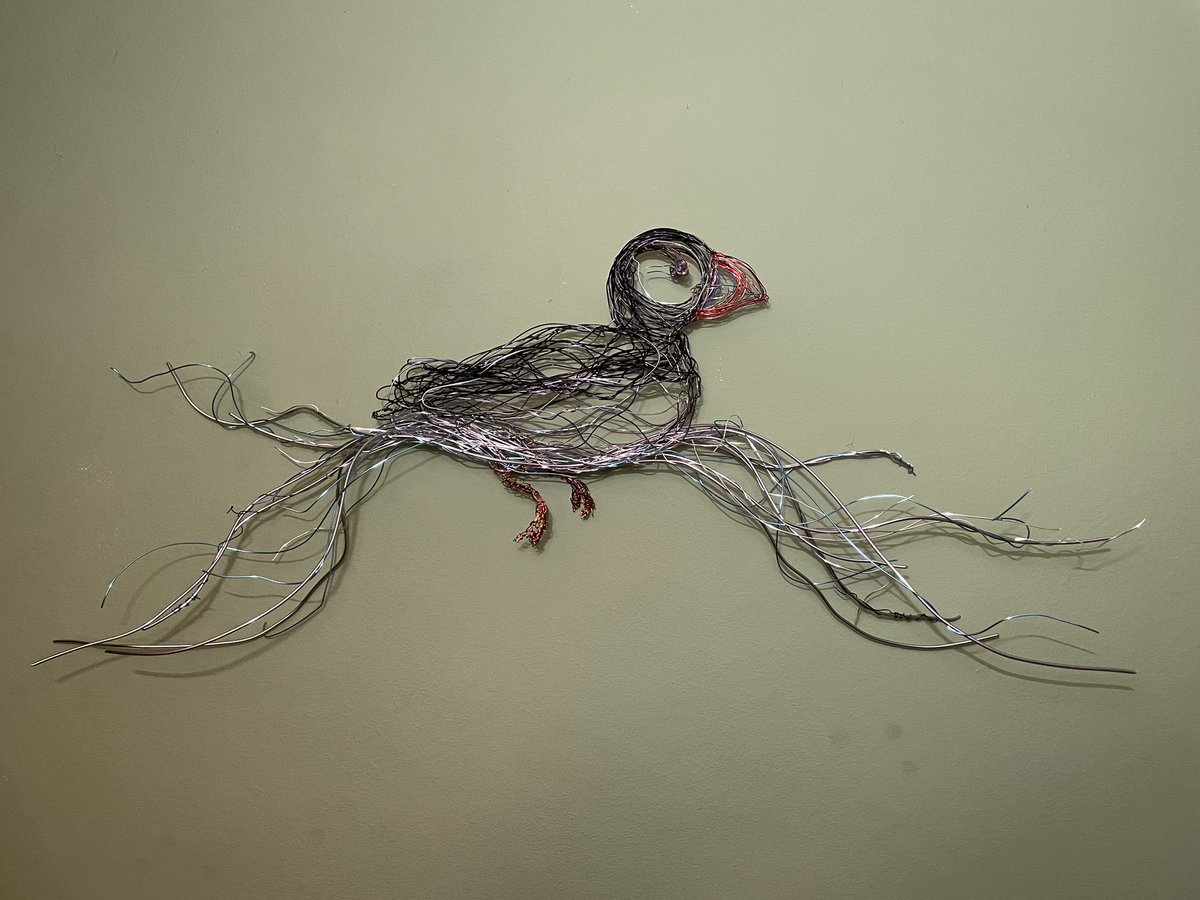 Swimming Puffin Freehand Wire Sculpture.This 3D Sculpture also Freestanding @RSPBEngland @Bempton_Cliffs #puffin #wirebirdsculpture #birdartist