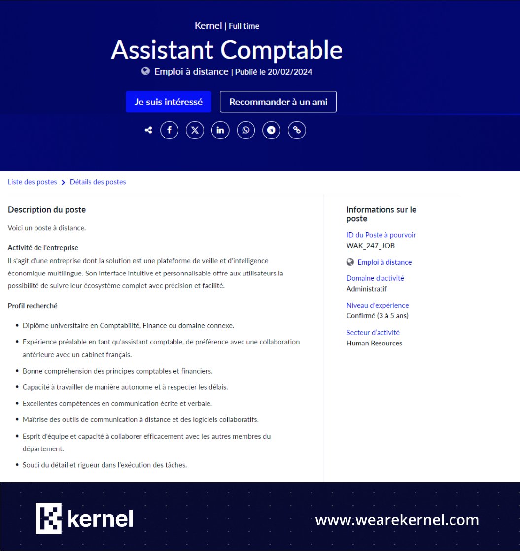 Hello #Twittos Nous sommes la recherche d’un profil #Assistant Comptable autonome et ayant déjà eu une expérience avec un cabinet français, pour une de nos entreprises partenaires. Candidatez ici : bit.ly/3T4y3IZ #kernel #recrutement #comptable #OffreEmploi