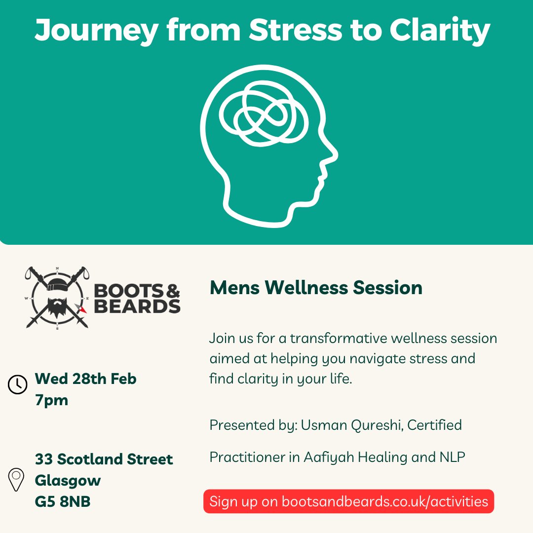 Taking You from Stress to Clarity... join us for a transformative wellness session aimed at helping you navigate stress and find clarity in your life

➡️Sign up for this FREE event bootsandbeards.co.uk/activities

#health #wellbeing #glasgow #mens